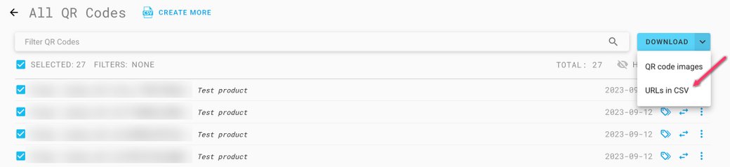 QR codes list Download menu showing QR code images and URLs in CSV options