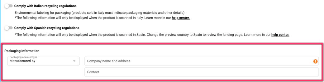 Packaging information subsection and business operator contact fields