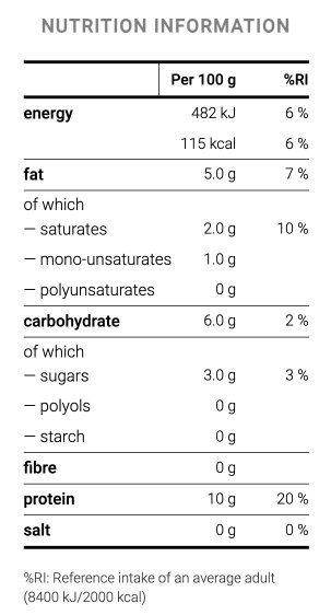 Regulation-aligned nutrition declaration with kJ/kcal display and sub-nutrient dashes