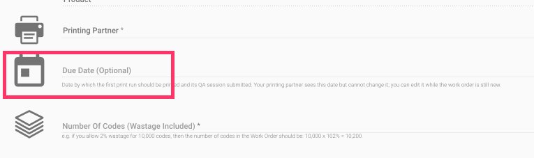 Work order form with the Due Date field